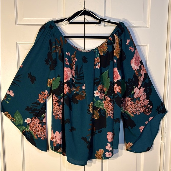 EUC Umgee Relaxed Teal Floral Blouse with 3/4 Flutter Sleeves On or Off Shoulder - Picture 1 of 10